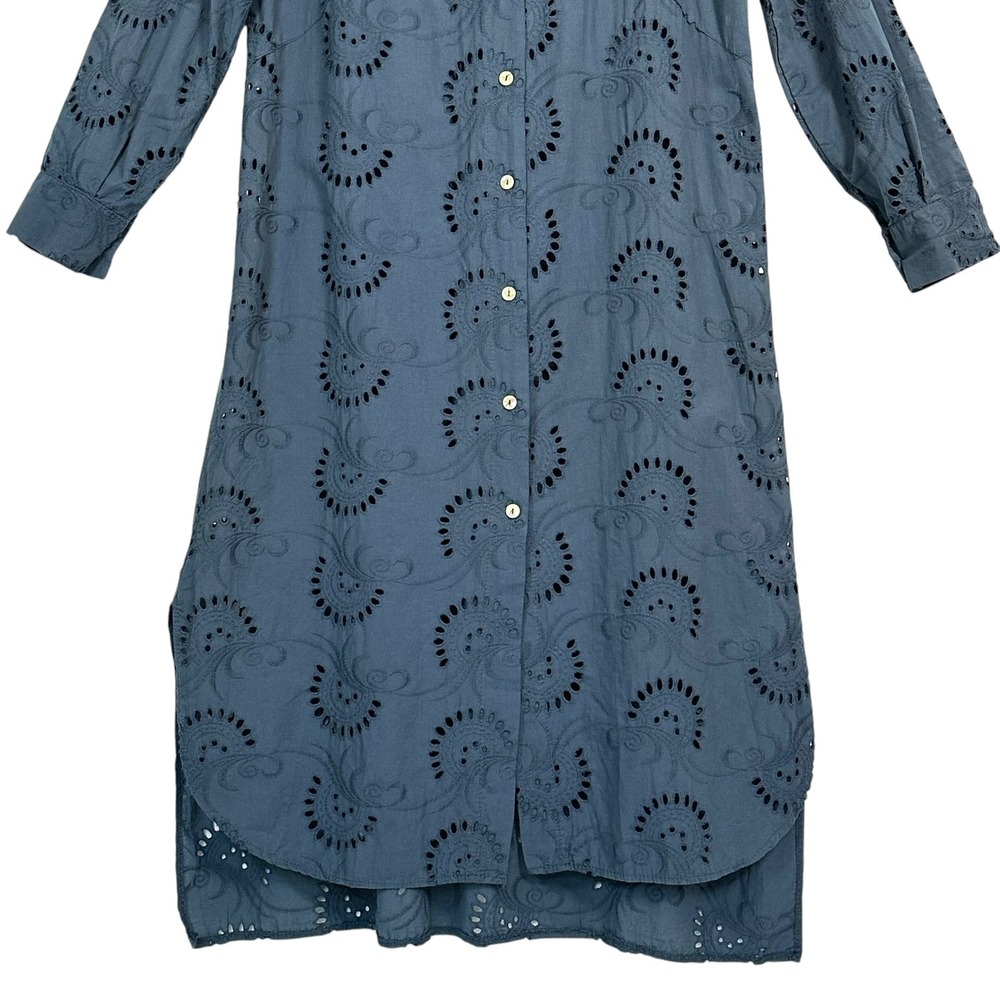 Italian Cotton Eyelet Shirt Dress Blue Embroidered Tunic Long Sleeve L - Picture 3 of 11